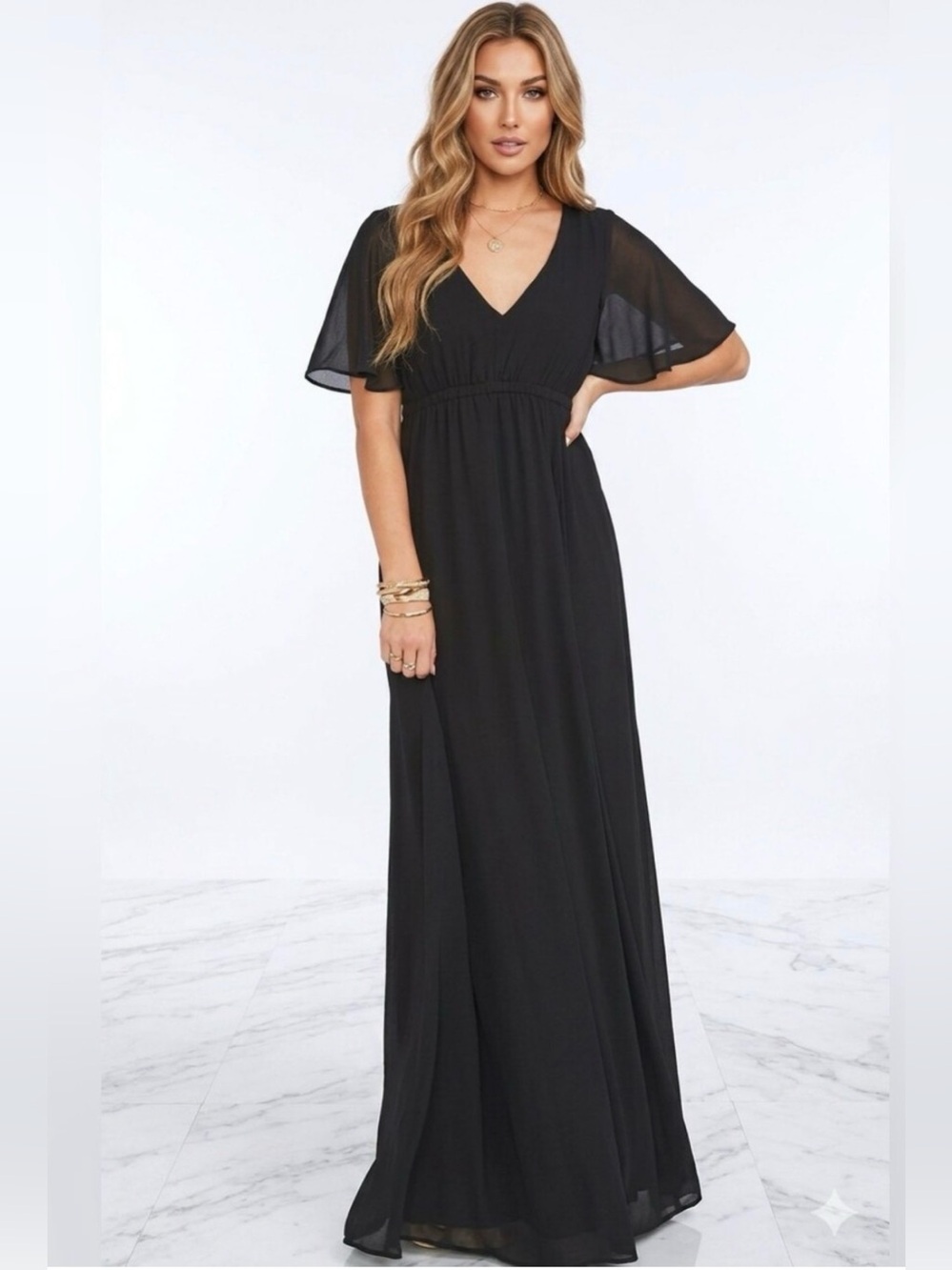 Show Me Your Mumu Faye‎ Flutter Maxi Dress Black Chiffon Size XS